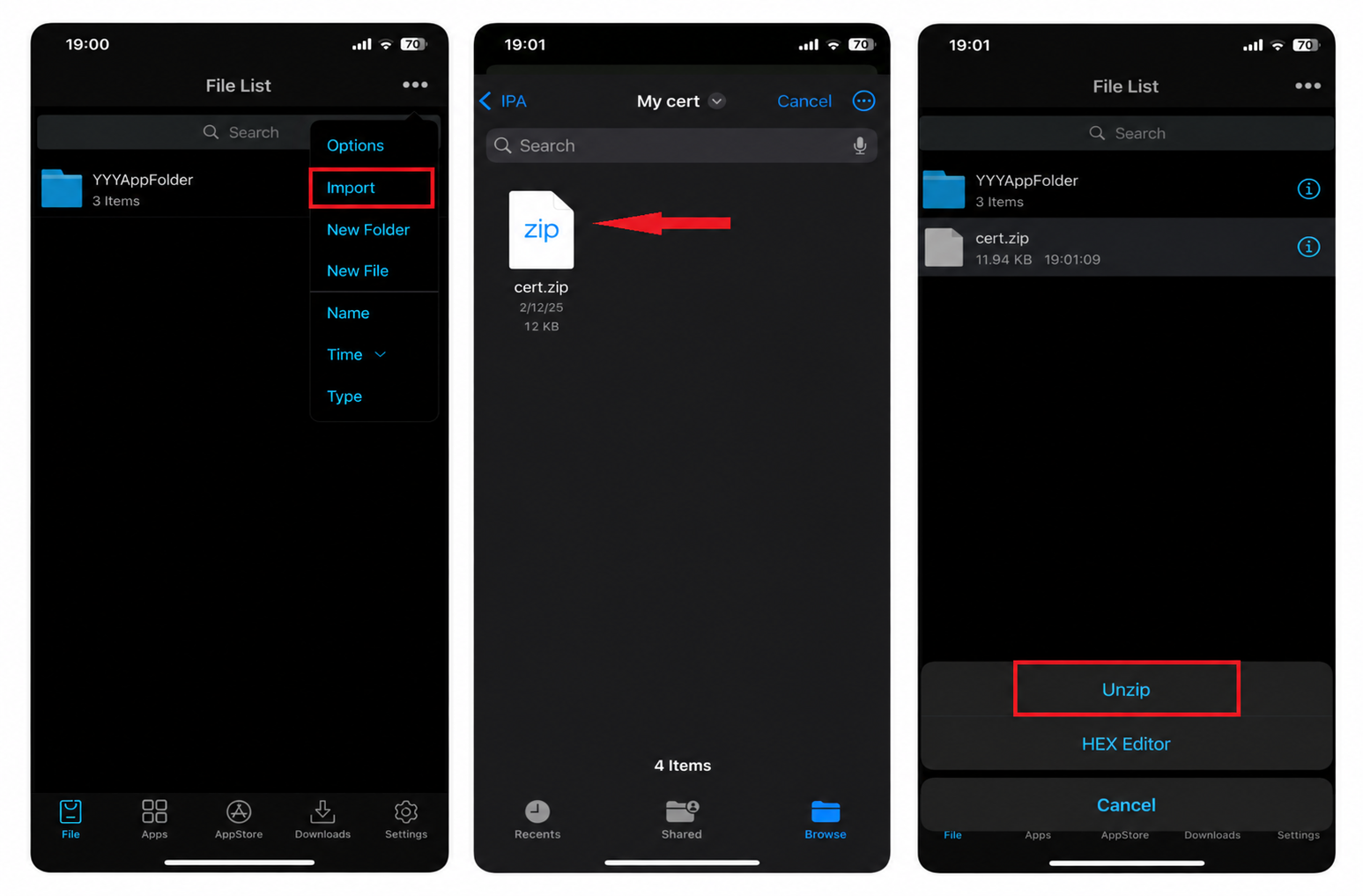 Import and unzip your certificate